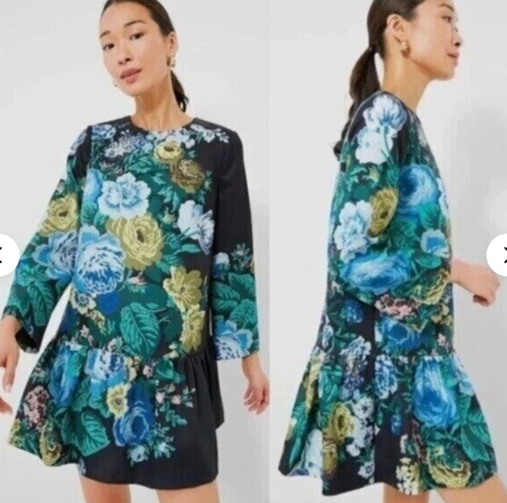 Tuckernuck Verdant Blue Floral Long Sleeve Drop Waist Pierce Dress SZ M